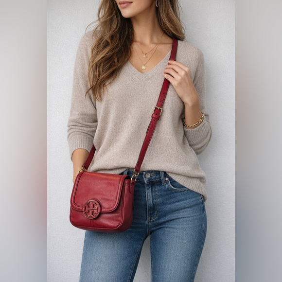 Tory Burch Handbags - Tory Burch Amanda Round Crossbody Bag Red Pebbled Leather